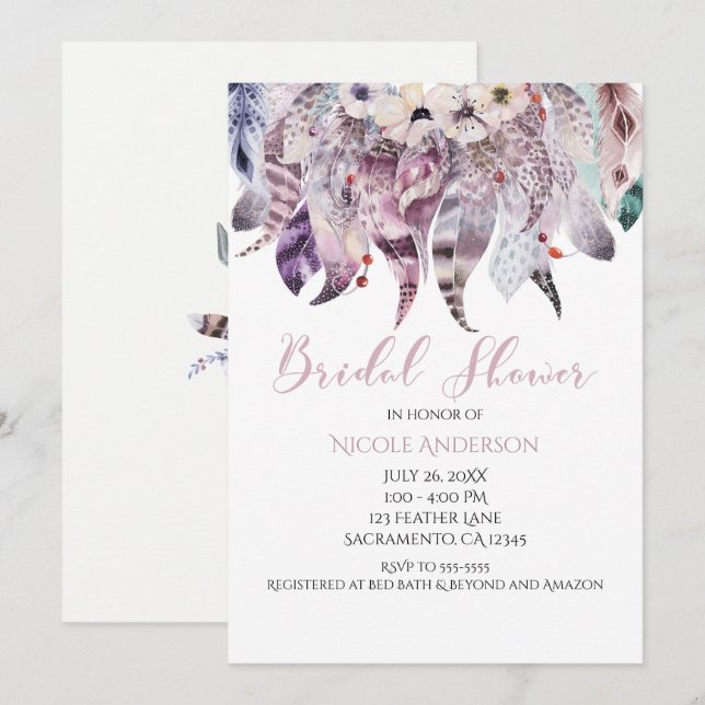 Convites de Chá de Noiva com Penas Boho Boêmias (Frente/Verso)
