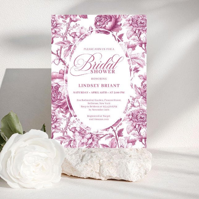 Convites de Chá de Noiva com Rosas em Toile Crimso (Crimson Toile Roses Floral Bridal Shower Invitation Art

)