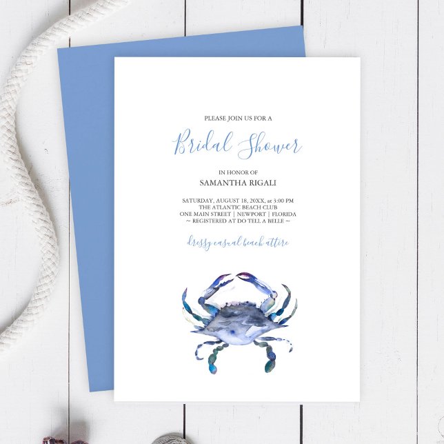 Convites de Chá de Noiva de Caranguejo de Praia (Bridal shower invitations watercolor blue crab art by Victoria Grigaliunas )