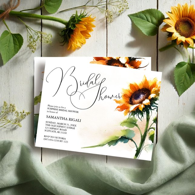 Convites de Chá de Noiva de Girassóis (Sunflower bridal shower invitations feature rustic floral design for a fall event.)