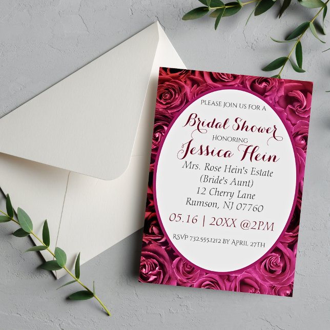 Convites de Chá de Noiva Elegantes Lux Rosas Cor-d (Beautiful floral bridal shower invitations.)