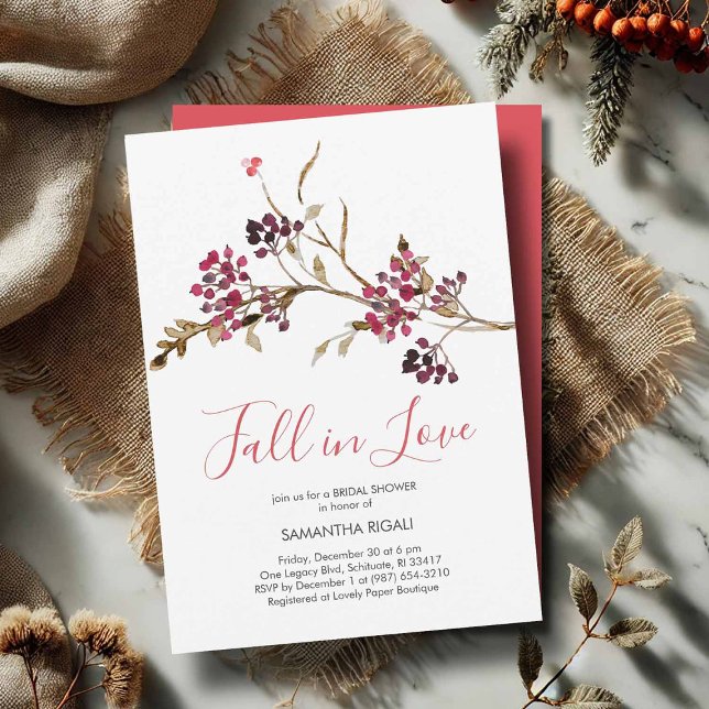 Convites de Chá de Noiva Fall In Love (Fall in Love bridal shower invitation featuring rustic watercolor red and burgundy botanicals)