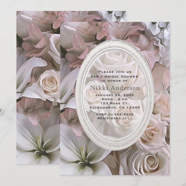 Convites de Chá de Noiva Florais Rosa Charme Rústi (Frente/Verso)