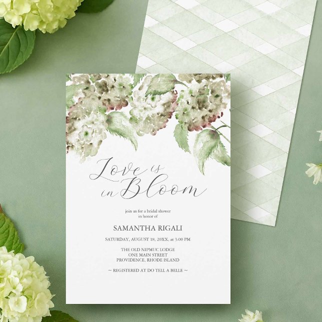 Convites de Chá de Noiva Love Is In Bloom Hydrange (Elegant Bridal Shower Invitation Designs for a Rustic Theme with watercolor green hydrangeas)
