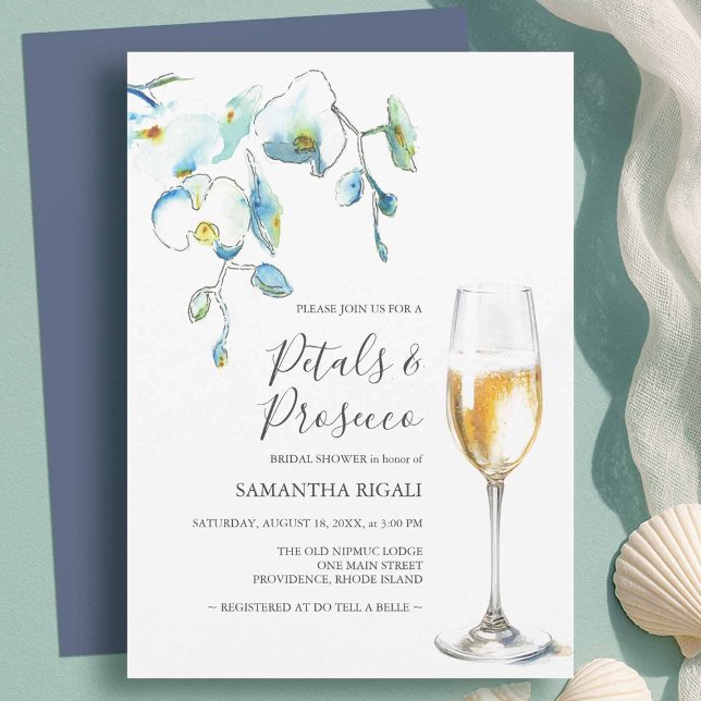 Convites de Chá de Noiva Pétalas Azuis e Prosecco (Petals and Prosecco bridal shower invitations designed with hand painted watercolor orchids in blue)