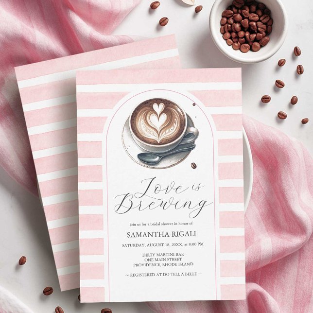 Convites de Chá de Noiva Pink Love Is Brewing (pink love is brewing coffee bridal shower theme invitations on sale @ small business do tell a belle)