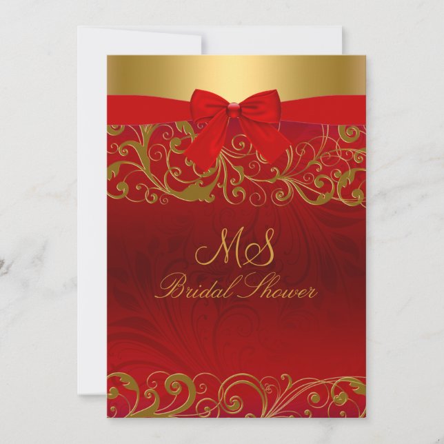 Convites de Chá de Noiva Red Gold Swirl & Bow (Frente)