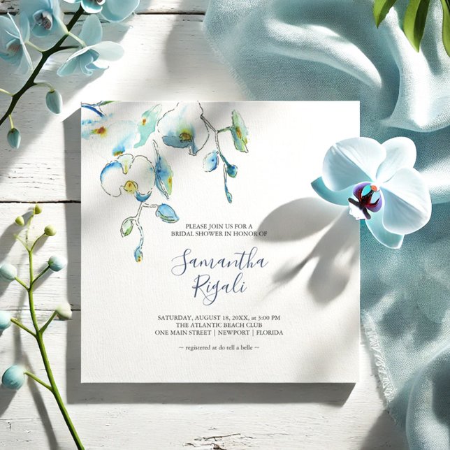 Convites de chá de panela azuis (Simple floral bridal shower invitations feature water blue orchid flowers by Victoria Grigaliunas)