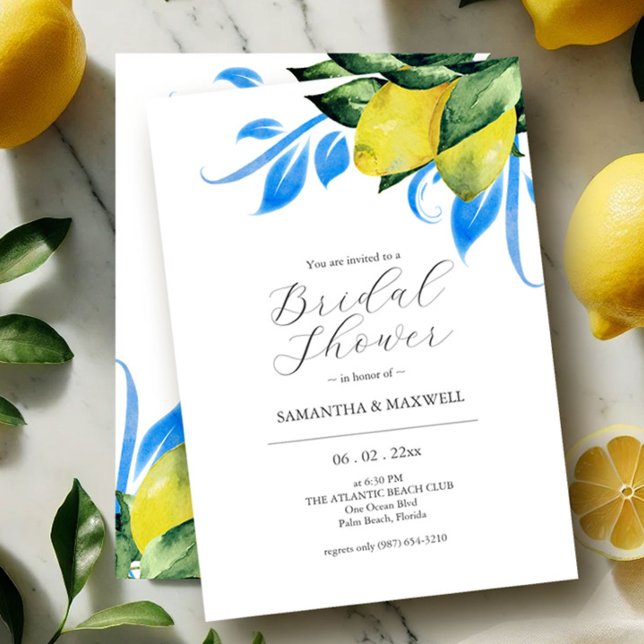 Convites de chá de panela azuis e amarelas (Bridal shower invitations watercolor lemons by Victoria Grigaliunas of Do Tell A Belle)