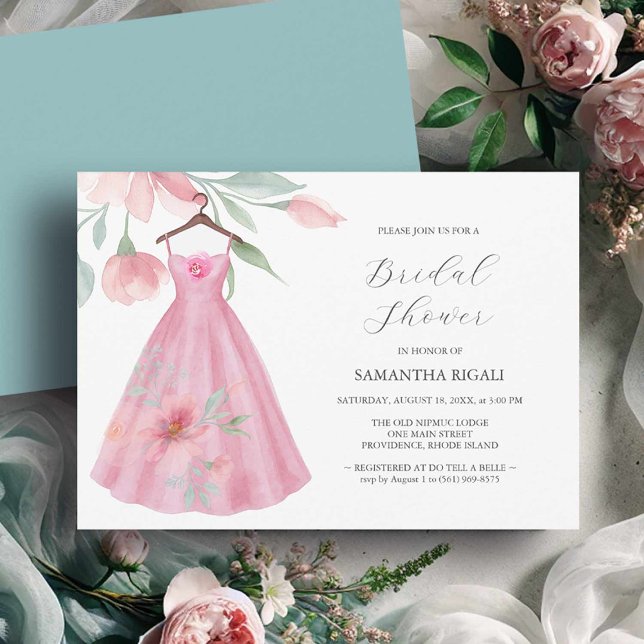 Convites de chá de panela cor-de-rosa O amor está  (Invitations bridal shower pink flowers and dress watercolor by Victoria Grigaliunas Do Tell A Belle)