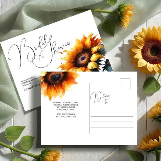 Convites de chá de panela de girassol russos (Rustic sunflower bridal shower invitations postcard by Victoria Grigaliunas VG Invites)