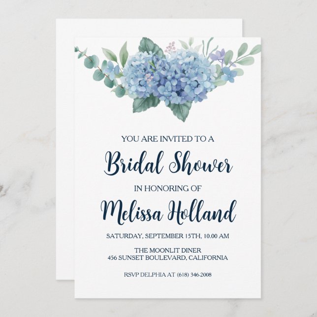 convites de chá de panela de hidrangea azuis empoe (Frente/Verso)