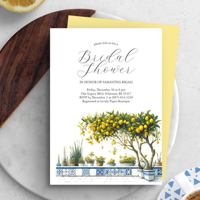 Convites de chá de panela de limão personalizados (Yellow and blue lemon theme watercolor bridal shower invitations Victoria Grigaliunas DoTellABelle)