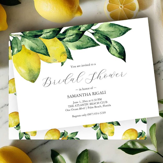 Convites de chá de panela de noiva com limão | Hor (Watercolor lemons bridal shower invitations art by Victoria Grigaliunas of Do Tell A Belle)