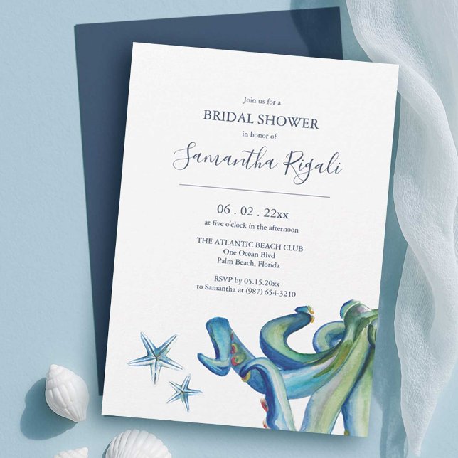 Convites de chá de panela de praia | Criaturas do  (beach bridal shower invitations is shades of blue, watercolor ocean creatures by dotellabelle )