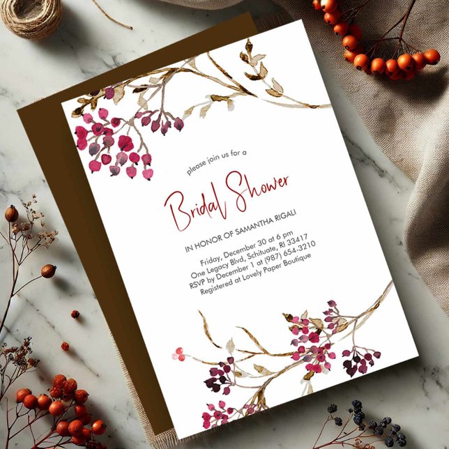 Convites de chá de panela de Queda Castanho | Botâ (Rustic bridal shower invitations watercolor berries)