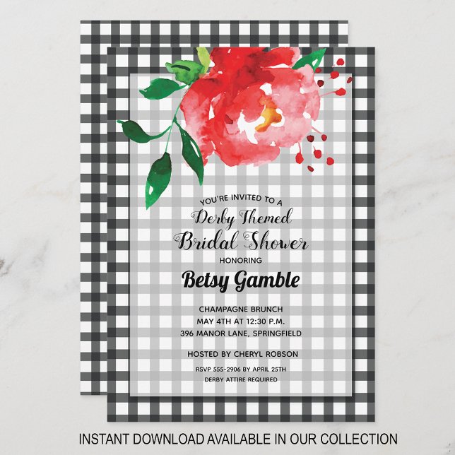 Convites de chá de panela de Rosa de Gingham Derby (INSTANT DOWNLOAD available in our collection to send your invitations digitally.)