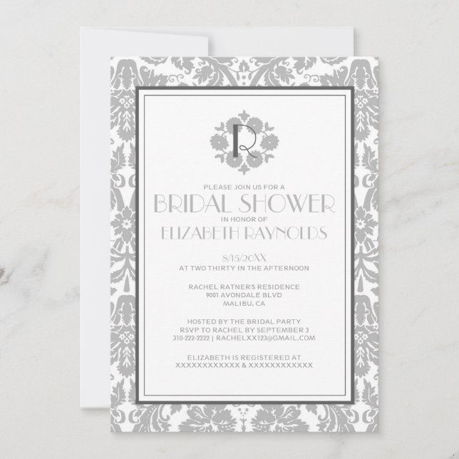 Convites de chá de panela do Damask Monogramas de  (Frente)