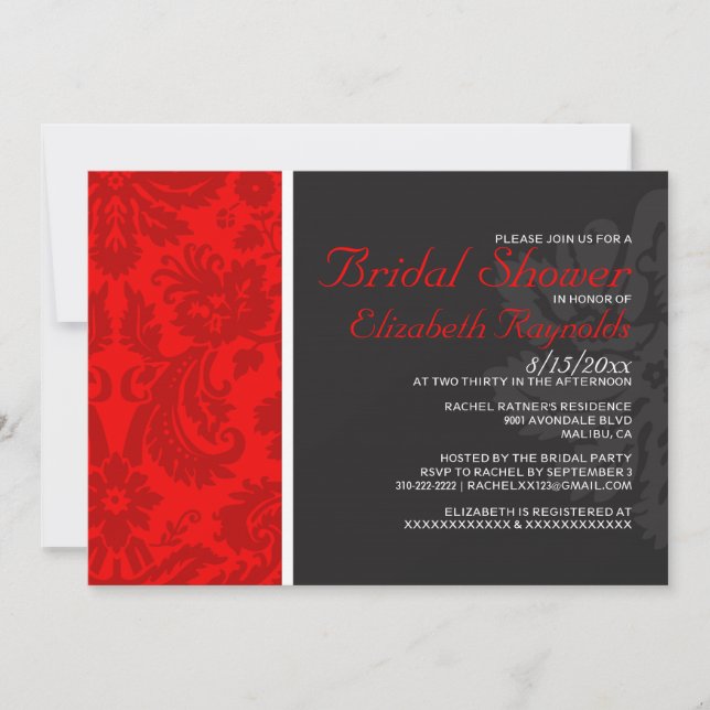 Convites de chá de panela do Damask Vermelho (Frente)