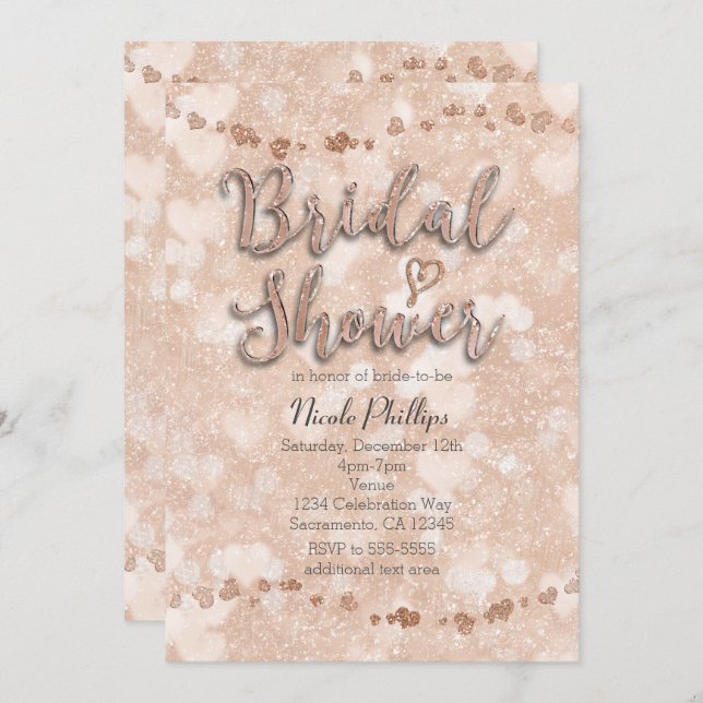 Convites de chá de panela Dourados de Corações Ros (Frente/Verso)