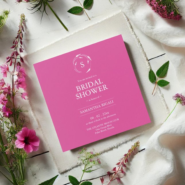 Convites de chá de panela Elegantes a Rosa (elegant bridal shower invitations in vibrant pink with a line art image of florals and monogram)