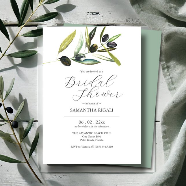 Convites de chá de panela Elegantes Azeitona (Bridal shower invitations botanical watercolor olive branch by Victoria Grigaliunas Do Tell A Belle)