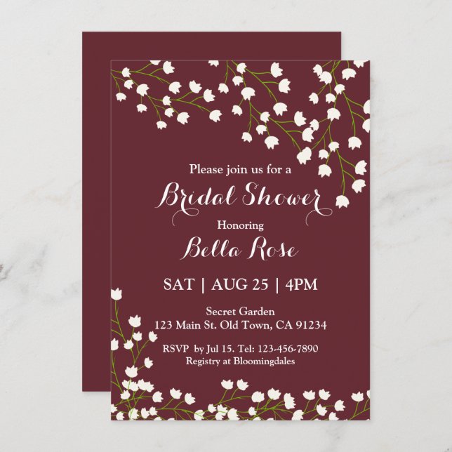 Convites de chá de panela Florais Elegante Burgund (Frente/Verso)
