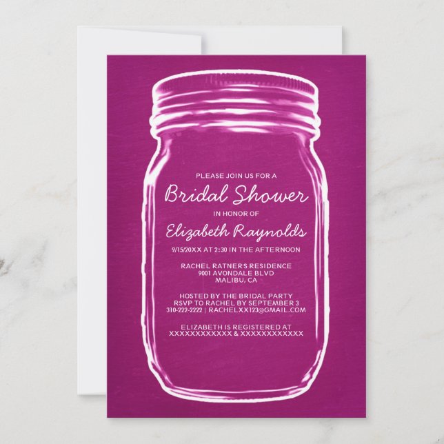 Convites de chá de panela Fuchsia Mason Jar (Frente)