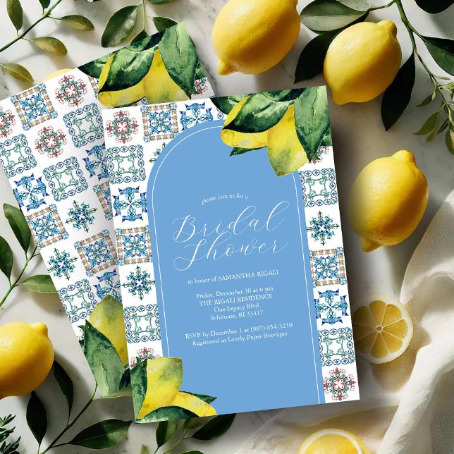 Convites de chá de panela italianos azuis e amarel (Amalfi coast bridal shower invitations blue and yellow lemon theme by Victoria Grigaliunas)