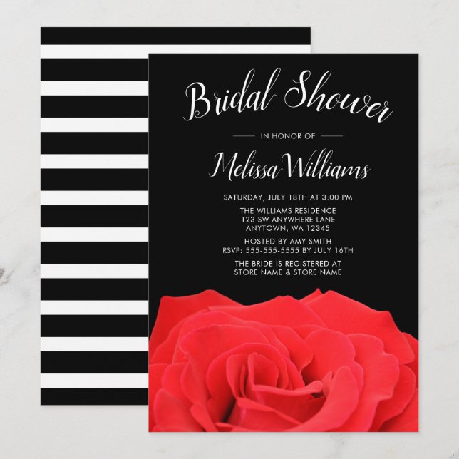 Convites de chá de panela Rosa vermelho e preto (Frente/Verso)
