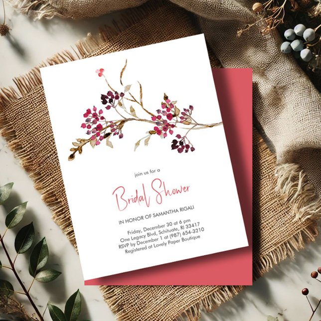 Convites de chá de panela russos (Rustic bridal shower invitations botanical red berries and brown twigs watercolor)