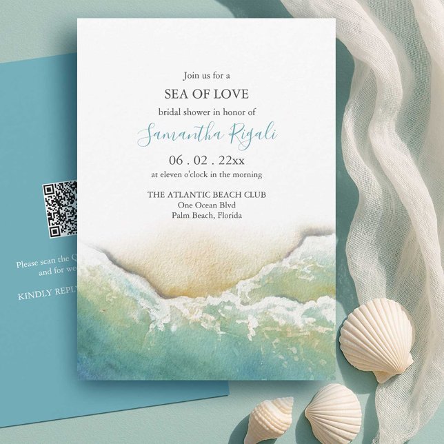 Convites de chá de panela Teal Beach | Mar (teac beach bridal shower invitations watercolor shoreline by small business owner do tell a belle)