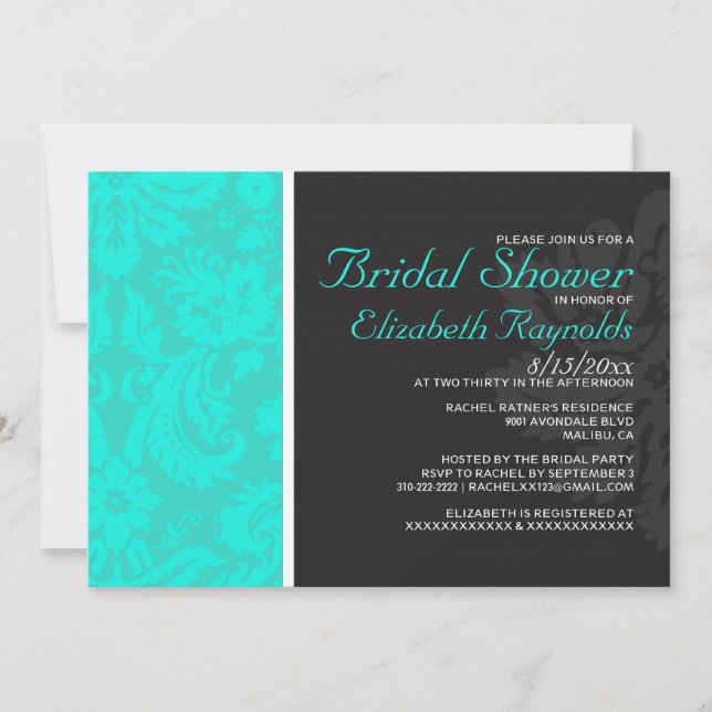 Convites de chá de panela Turquesa Damask (Frente)