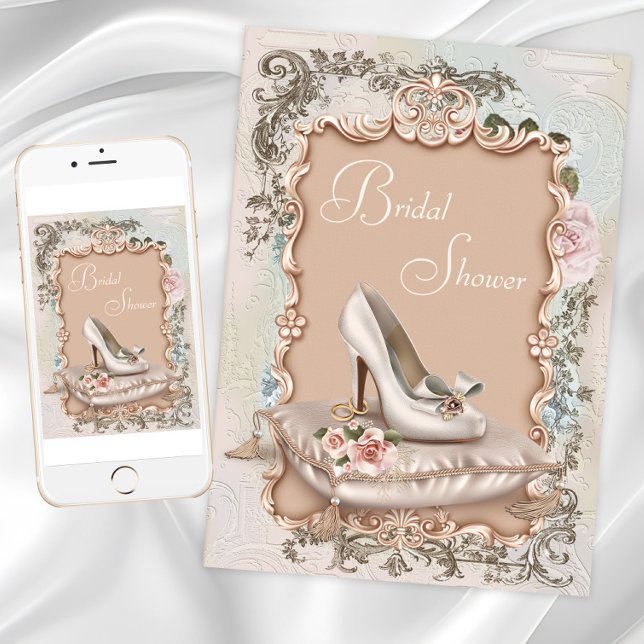 Convites de chá de panela Vintage (Vintage Shoe Bridal Shower Invitations with pretty shoe and vintage background. Digital and Print.)
