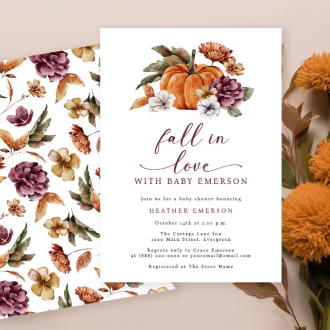Convites de Chás de Bebê Abóbora (Fall In Love With Baby Burnt Orange Baby Shower Invitation Watercolor Floral Pumpkins )