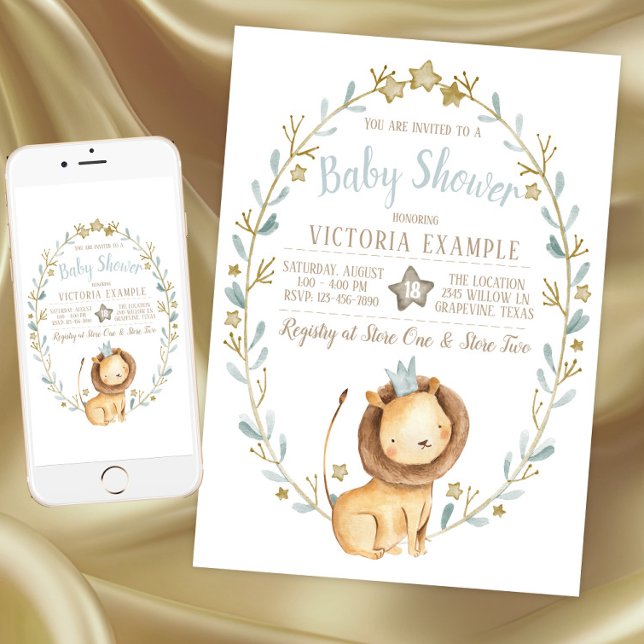 Convites de Chás de Bebê do Príncipe Leão (Lion Prince Baby Shower Invitations. Instant download and printed invitations available.)