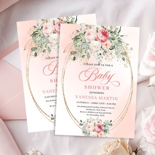 Convites de Chás de Bebê Menina com Rosas Beije Go (Delicate Blush Roses Gold Girl Baby Shower Invitation)
