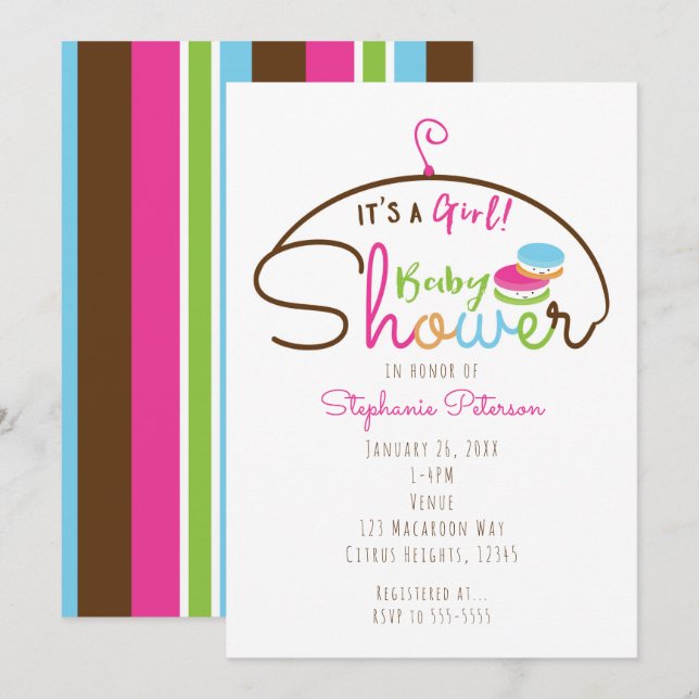 Convites de Chás de Bebê Menina Little Macaroons (Frente/Verso)