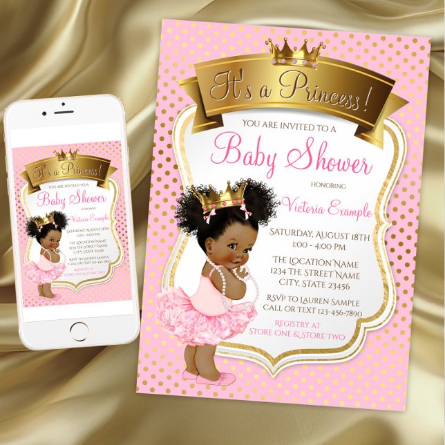 Convites de Chás de Bebê para Princesa Afro-Americ (African American princess baby shower invitation. Digital download and printed available.)
