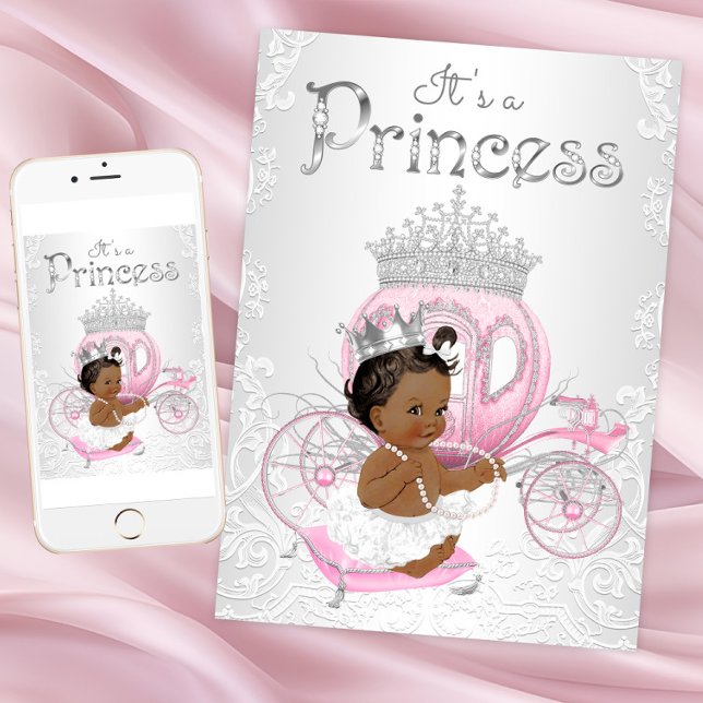 Convites de Chás de Bebê para Princesa Afro-Americ (African American princess baby shower invitation. Pink silver princess. Instant download and printed)