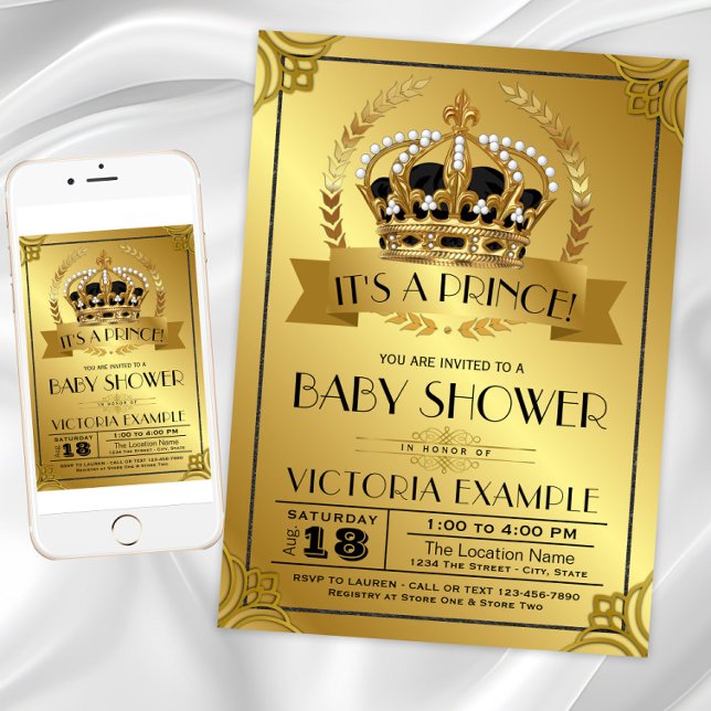 Convites de Chás de Bebê para Príncipe de Ouro Pre (Black gold prince baby shower invitation. Instant download and printed invitations available.)