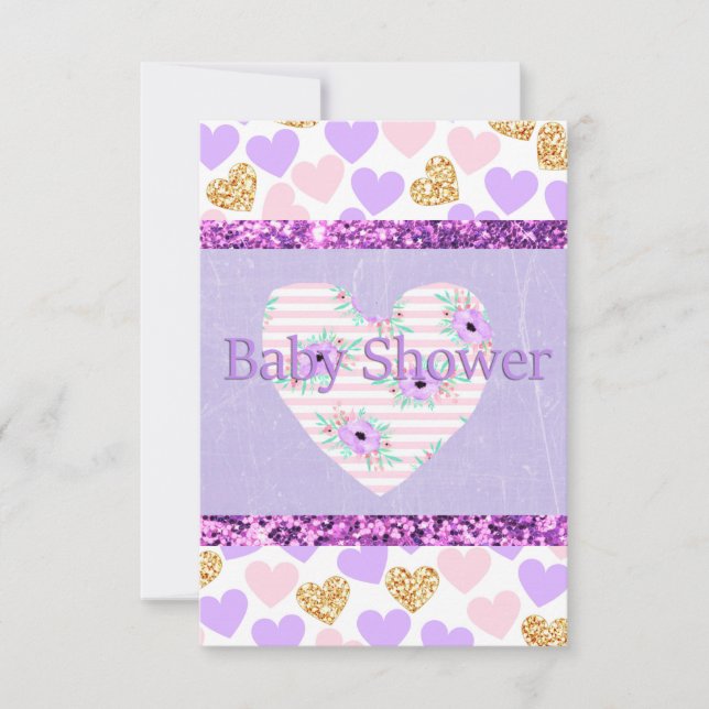 Convites de Chás de Bebê Roxo, Dourado e Rosa (Frente)