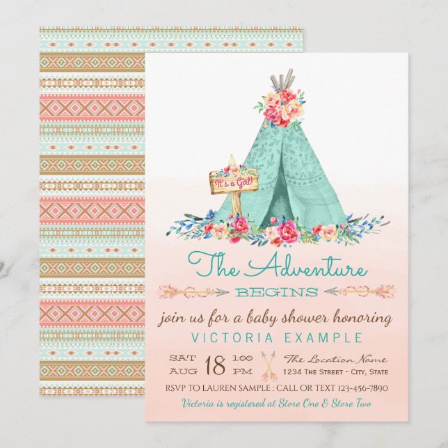 Convites de Chás de Bebê TeePee para Meninas (Frente/Verso)