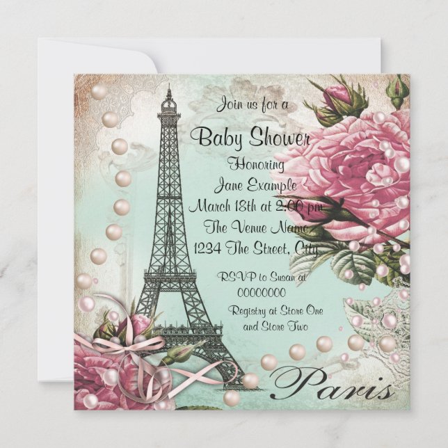 Convites de Chás de Bebê Vintage Rosa Paris (Frente)