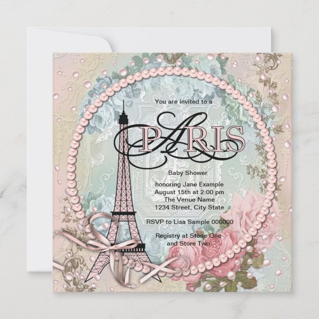 Convites de Chás de Bebê Vintage Rosa Paris (Frente)