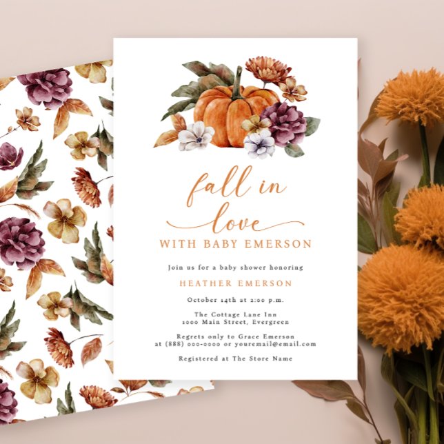 Convites de Churrasco de Bebê em Laranja Queimada  (Fall In Love With Baby Burnt Orange Baby Shower Invitation Watercolor Floral Pumpkins )