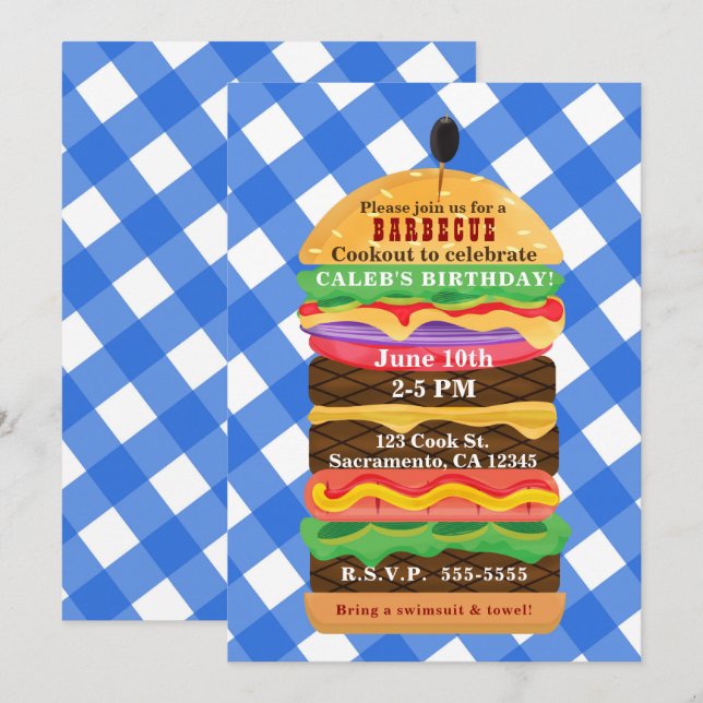 Convites de Churrasco de Verão de Hambúrguer Azul (Frente/Verso)