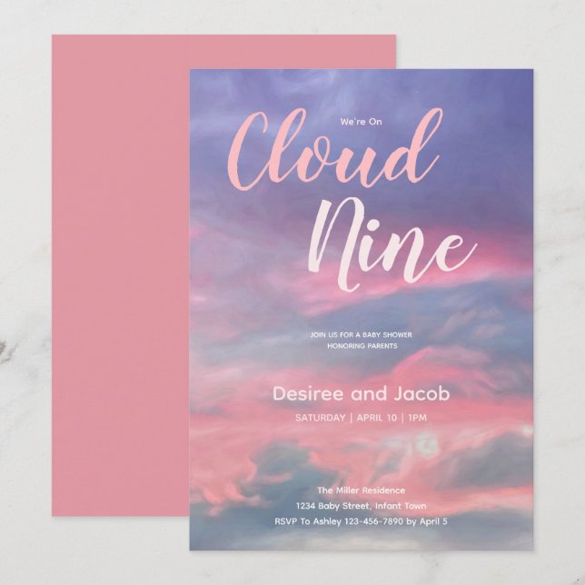 Convites de Chuva de Bebê Nuvem Nove Menina Rosa A (Frente/Verso)