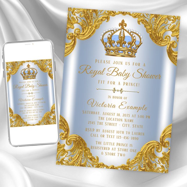 Convites de Chuvada Bebê Príncipe Azul Bebê Dourad (Baby blue gold prince baby shower invitation. Instant download and printed invitations available.)