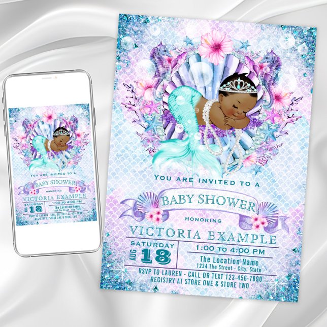 Convites de Chuvada de Bebê de Sereia Étnica (Cute mermaid baby shower invitation. Instant download and printed invitations available.)